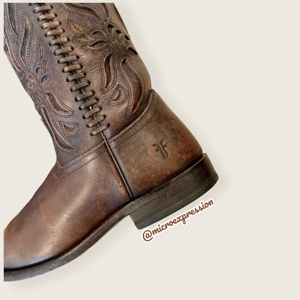 $429 Frye Wyatt Overlay Brown Leather Embroidered Pattern Tall Cute Cowboy Boot